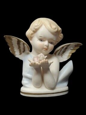 BISQUE PORCELAIN ANGEL CHERUB BIST FIGURINE HOLDING FLOWERS - ARCO JAPAN